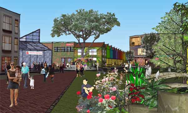 Vy mot centrumbyggnadens entré från centrumgränd | Illustration: Sara Lindh