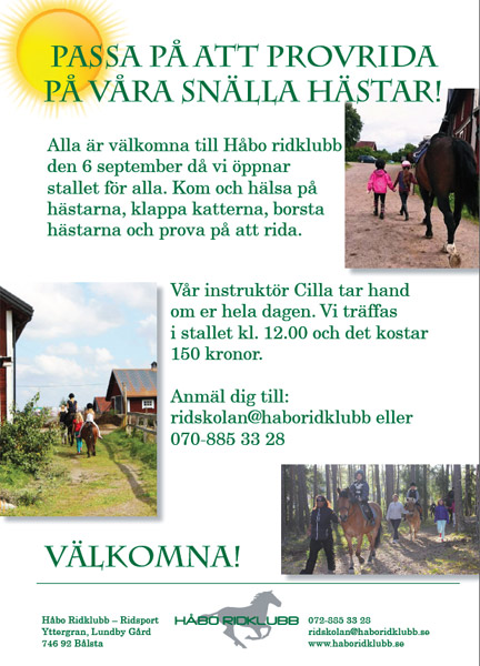 Passa på att provrida på våra snälla hästar!