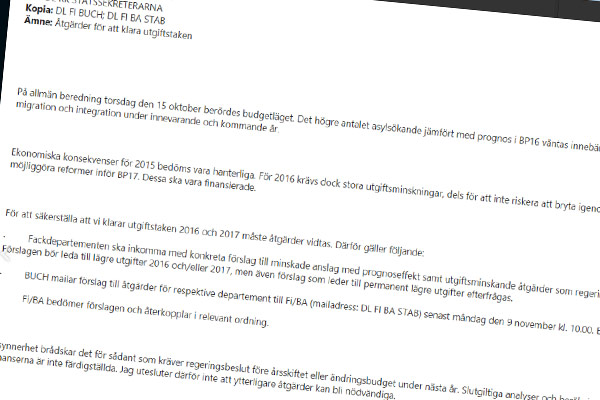 läckta mejl som skickats från finansdepartementet till statssekreterare och budgetansvariga på alla departement 
