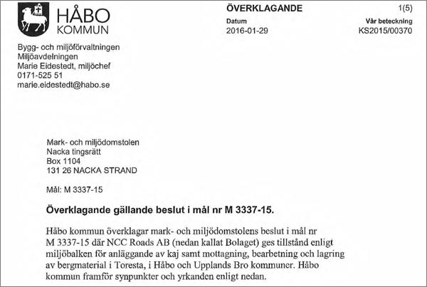 Håbo kommuns överklagande inlämnat till Mark- och miljööverdomstolen den 29 januari